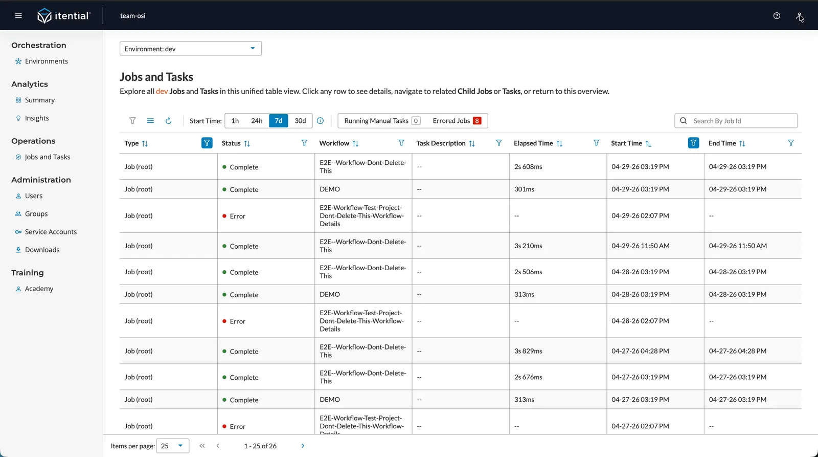 Job Viewer main table showing jobs and tasks